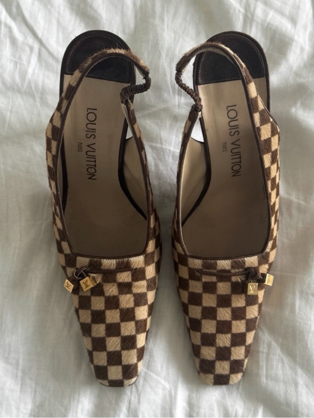 Louis Vuitton Brown Checkered Slingback Pumps with Gold Accents